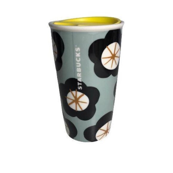 Starbucks Green Spring Black Floral Ceramic Traveler Tumbler Coffee Cup #92 - Picture 1 of 7